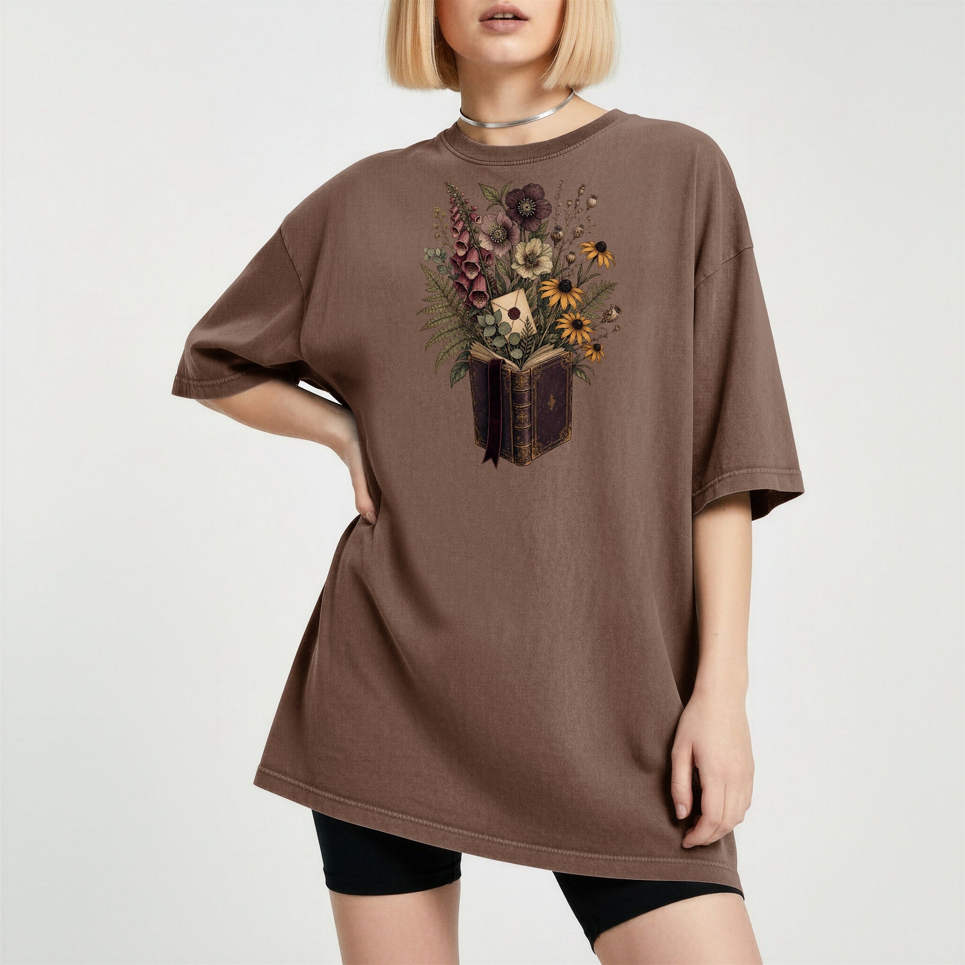 Wildflower Book Bouquet bookish tee in Espresso, worn