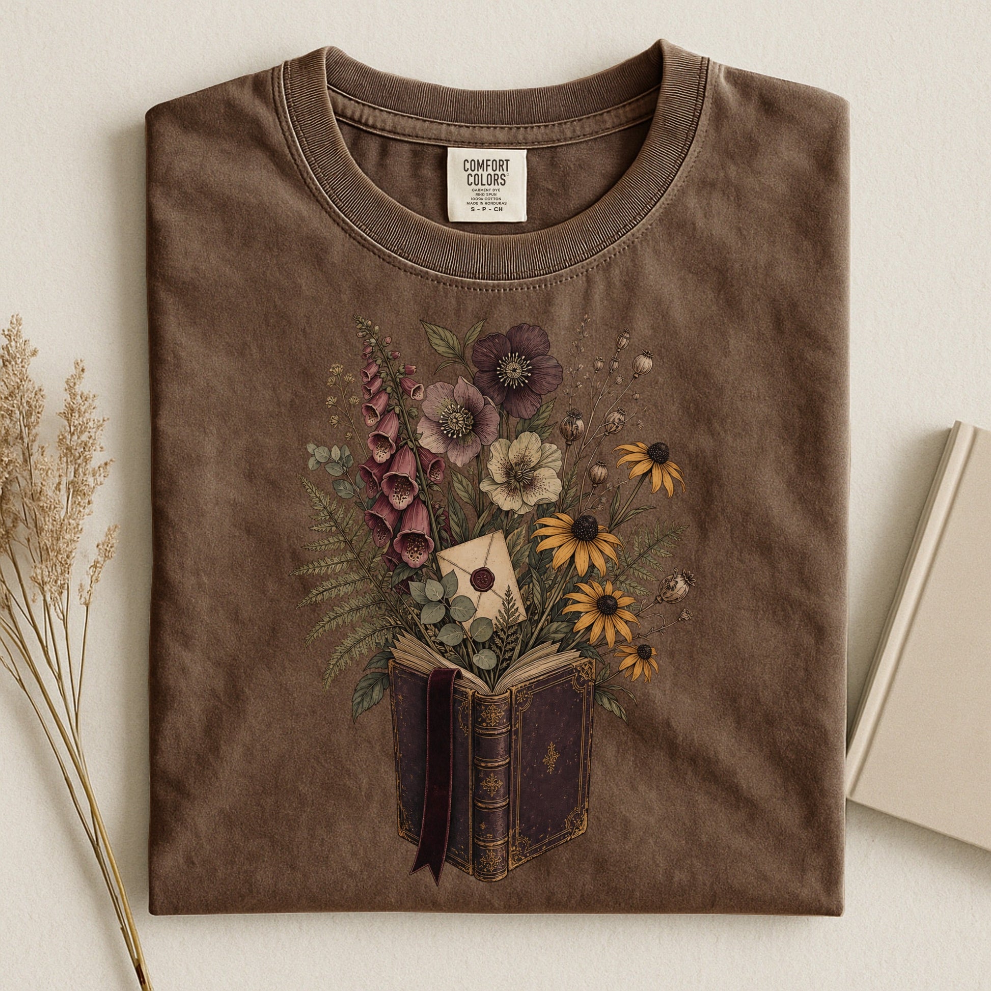 Wildflower Book Bouquet bookish tee in Espresso, flat lay