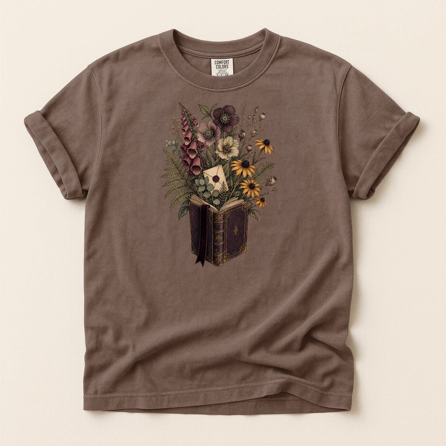 Wildflower Book Bouquet bookish tee in Espresso, full flat