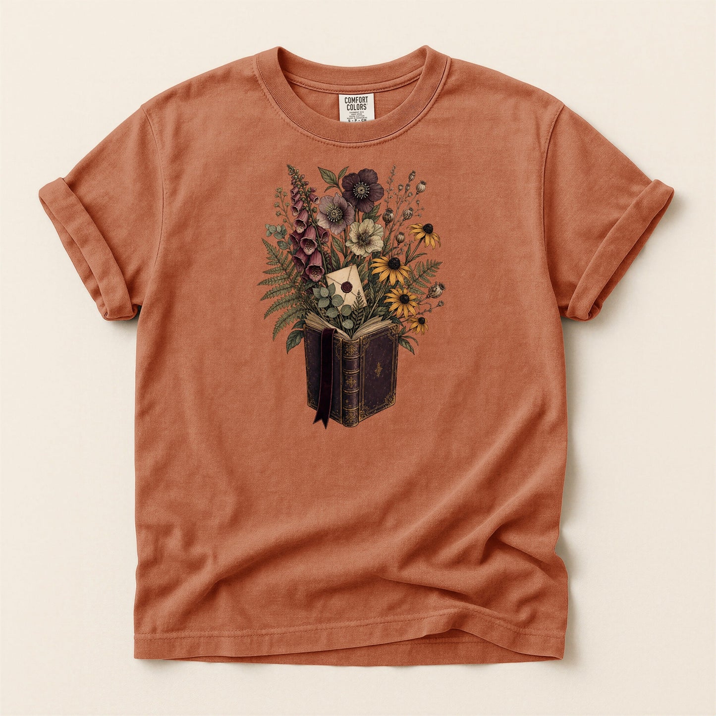 Wildflower Book Bouquet bookish tee in Yam, full flat